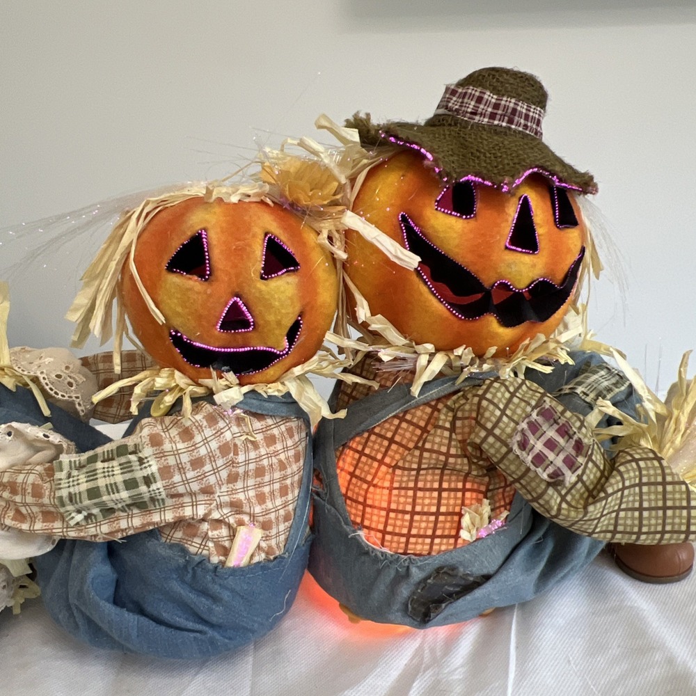 Vtg Gemmy Fiber Optic Lit Pumpkin Scarecrow Couple Halloween Fall Thanksgiving - Picture 10 of 14